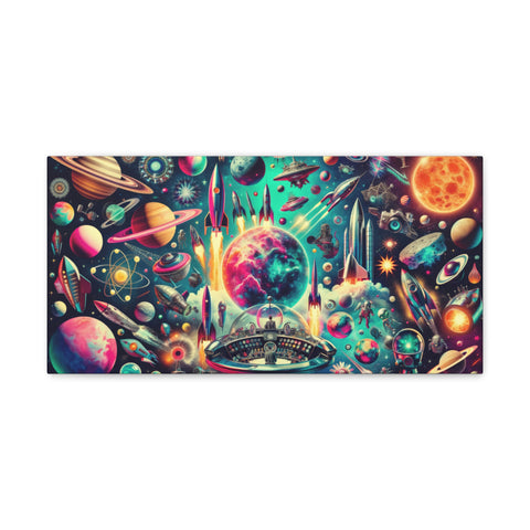 A vibrant and colorful canvas art depicting a fantastical cosmic scene with various planets, stars, and space elements in a surreal and artistic arrangement.