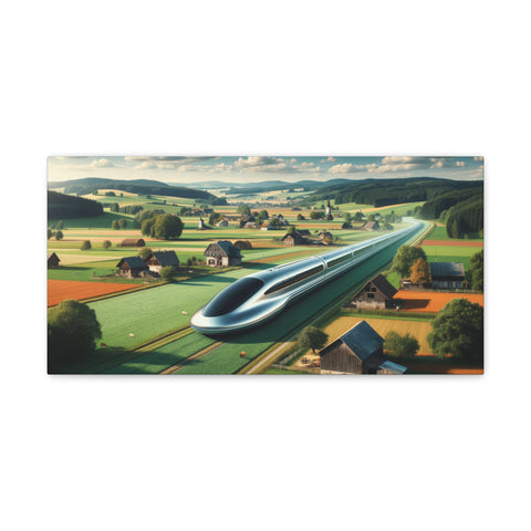 A canvas art piece depicting a futuristic train gliding through a picturesque countryside with rolling green fields and scattered farmhouses.