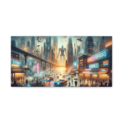 A canvas showcasing a futuristic cityscape with neon signs, flying vehicles, and towering skyscrapers enveloped in a misty glow.