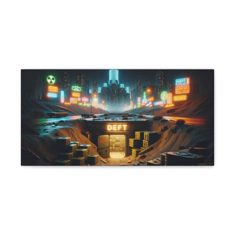 A panoramic canvas art piece depicting a futuristic cityscape at night with vibrant neon signs and a dystopian atmosphere.
