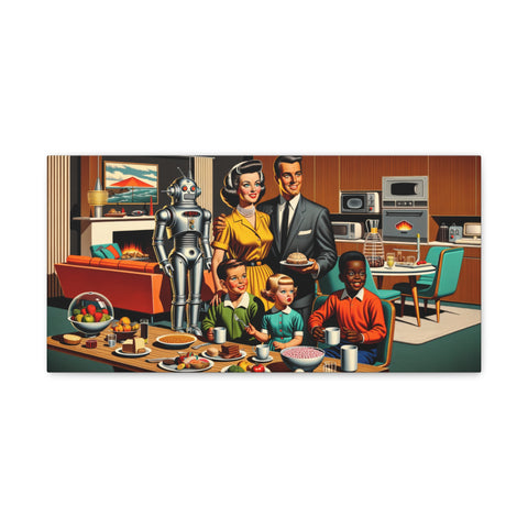 A canvas art depicting a retro-futuristic family scene with a robot, showcasing a stylized vintage living room and kitchen with characters enjoying a meal together.