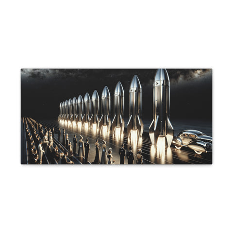 A canvas art displaying a futuristic scene with a row of sleek, metallic rockets lined up on a launchpad under a starry night sky.