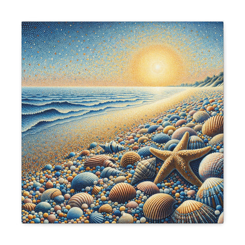 This is a highly detailed canvas art depicting a serene beach scene with an assortment of colorful, patterned shells and a starfish along the shore, leading the eye towards a radiant sunset over a tranquil ocean.