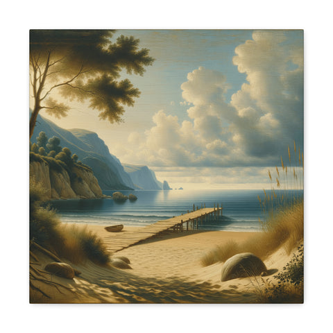 A serene canvas art depicting a tranquil beach scene with a pier, fluffy clouds in the sky, and tall cliffs in the background as seen through a foreground of trees and dune grass.