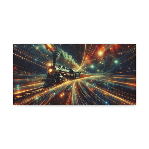 A canvas art featuring a vintage train speeding through a cosmic landscape with vibrant star trails and nebulae in the background.