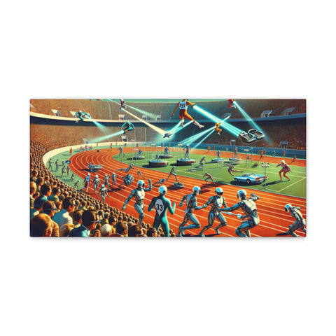 A vibrant canvas art depicting a futuristic sporting event with athletes racing on a track surrounded by an enthusiastic audience and dynamic lighting effects.