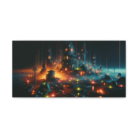 A canvas art piece depicting a futuristic cityscape illuminated with vibrant orange and blue lights against a dark backdrop.
