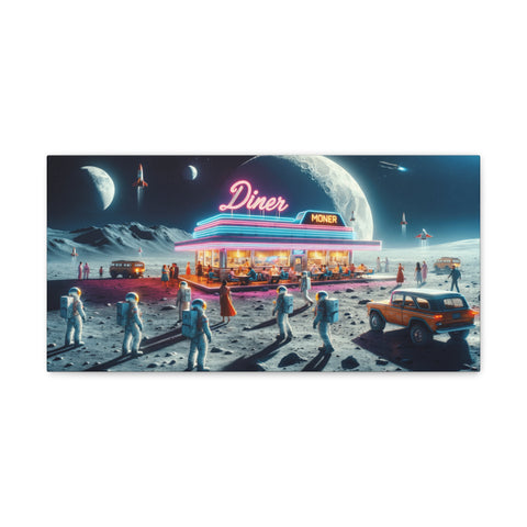 A canvas art piece depicting a vibrant retro diner bustling with activity on a lunar surface against a backdrop of space with planets and stars.