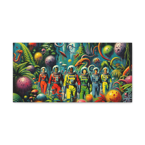 A vibrant canvas art piece depicting four astronauts exploring a colorful and fantastical alien landscape teeming with exotic plants and creatures.