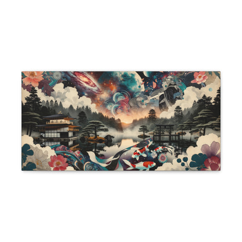 A canvas art piece blending traditional Japanese scenery with fantasy elements, featuring a serene landscape with a house amidst pine trees on the water's edge, overlaid with vibrant cosmic details and large, stylized floral patterns.