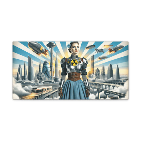 A canvas art depiction of a futuristic cityscape with a female figure in steampunk attire standing in the forefront, surrounded by flying ships and modernistic buildings against a backdrop of blue and white rays.