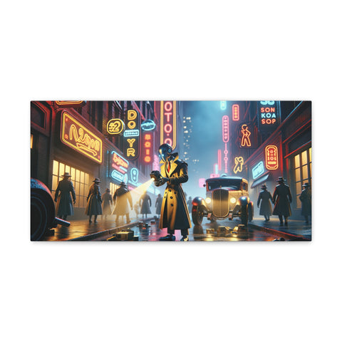 A vibrant canvas art depicting a futuristic neon-lit street scene with a stylized character in a trench coat and fedora standing at the center, surrounded by other figures and vintage cars, casting a noir ambiance.