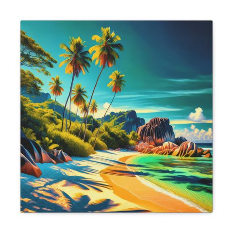A vibrant canvas art piece depicting a colorful tropical beach scene with tall palm trees, striking rock formations, and a serene blue sky.