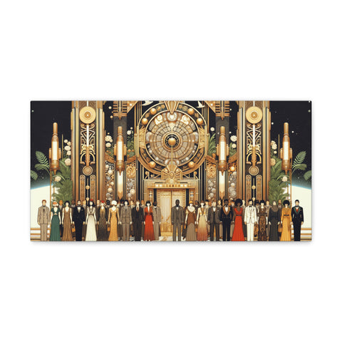 This canvas art features an intricately designed Art Deco style scene with elegantly dressed people gathered in front of a grand, mechanical gate, evoking a sense of 1920s luxury and futurism.