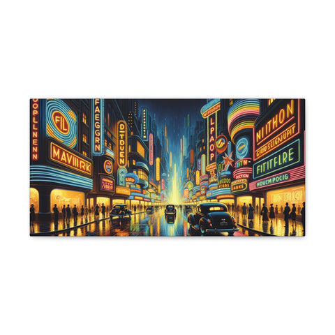 A vibrant canvas art depicting a bustling neon-lit city street at night with silhouettes of people and retro cars under glowing skyscrapers.