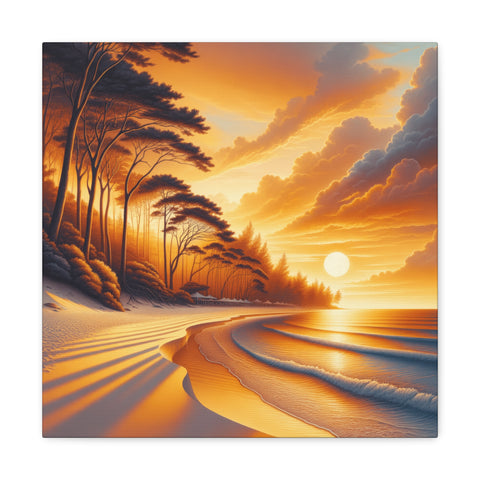 A canvas art depicting a serene sunset with golden hues reflecting on a tranquil beach framed by silhouetted trees and clouds.