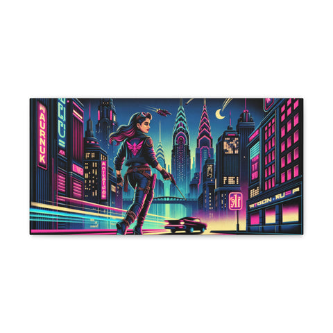 A vibrant canvas art featuring a stylized woman in futuristic clothing standing in a neon-lit cityscape with skyscrapers and a flying car.