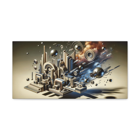 A canvas art piece featuring an abstract 3D composition of metallic shapes and spheres in a space-like setting with warm hues and intricate detailing.