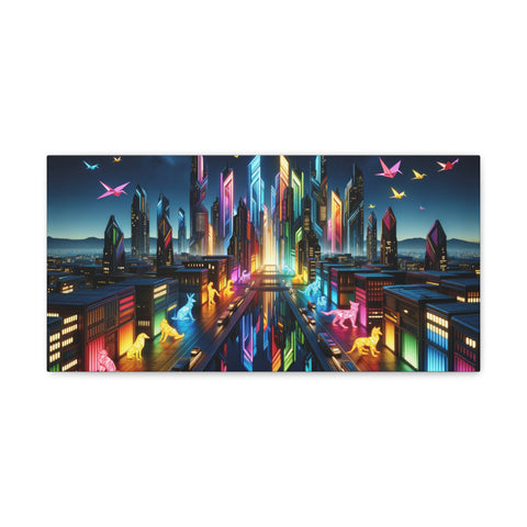 A vibrant canvas art piece depicting a futuristic cityscape illuminated with neon lights and streaks of light, with stylized birds soaring through the colorful sky.