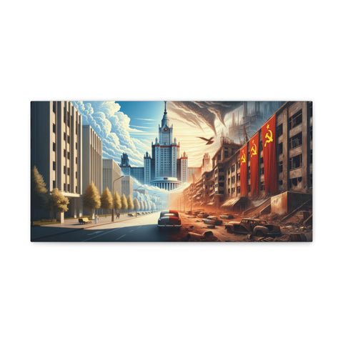 A canvas art depicting a dramatic scene with a futuristic cityscape split between a serene, clean environment on one side and a chaotic, dystopian landscape on the other.
