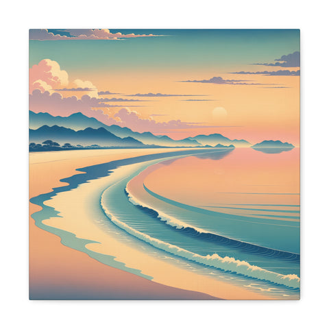 A canvas art depicting a stylized sunset scene with warm hues over a serene beach with waves gently lapping at the shore and mountain silhouettes in the background.