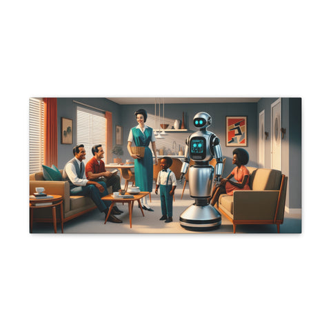A canvas art piece depicting a retro-futuristic living room scene, where a group of people is casually interacting with a friendly humanoid robot among mid-century modern furniture.