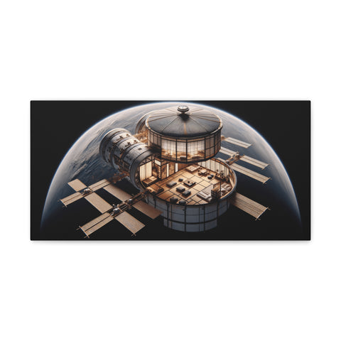 A canvas art displaying a futuristic space station orbiting Earth, detailed with solar panels and a central habitation module.