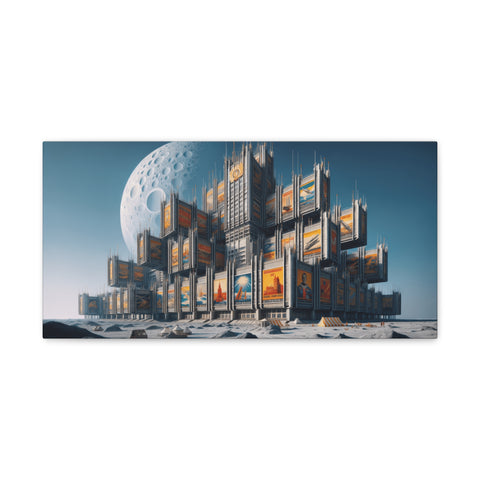 A canvas art depicting a futuristic city with towering structures against a backdrop of a large moon and a clear sky.