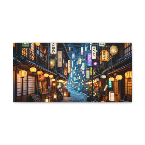 A canvas art piece depicting a vibrant night scene of a bustling traditional Japanese street lined with illuminated lanterns and neon signs.