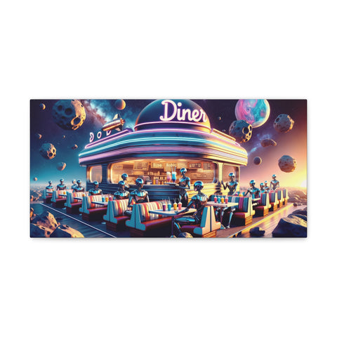 A canvas art piece depicting a retro-futuristic diner floating in space, surrounded by asteroids and planets, with patrons seated at the counter and booths.