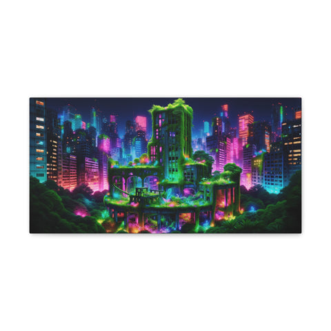 A vibrant canvas art depicting a neon-lit, futuristic cityscape with glowing buildings immersed in a surreal, colorful forestry.