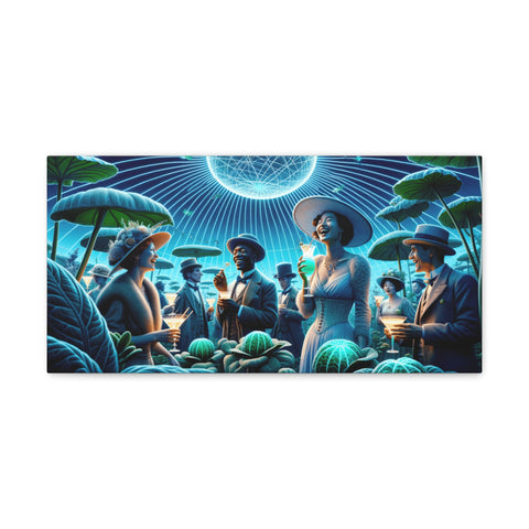 Vibrant canvas art depicting a stylized evening gathering with elegantly dressed figures in a lush, fantastical garden under a radiant, patterned sky.