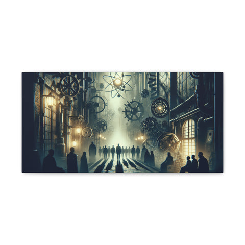 A canvas art depicting a mysterious, dimly lit corridor adorned with gears and clocks, with silhouettes of people walking towards a bright light at the end.