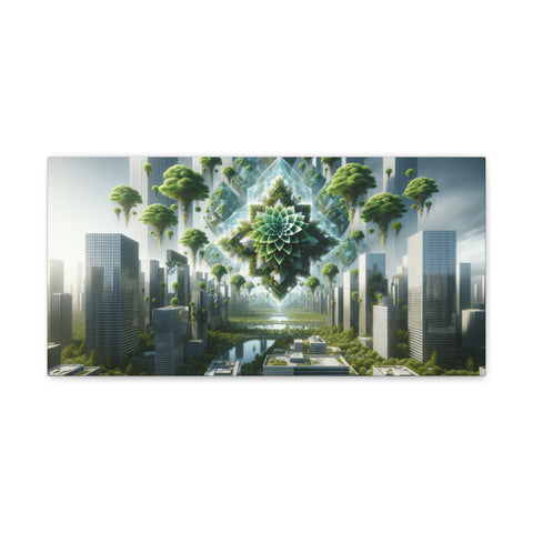 A canvas art piece depicting a futuristic cityscape with skyscrapers flanking a central, verdant structure with symmetrical, fractal-like patterns extending upwards.