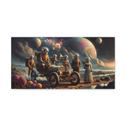 A canvas art depicting a vintage car and a group of astronauts in classic spacesuits standing on an alien shore with colorful planets looming in the sky.