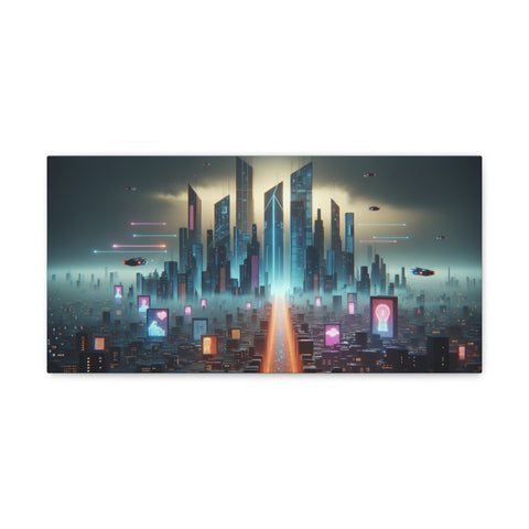A canvas art piece depicting a futuristic cityscape at dusk with neon lights, towering skyscrapers, and flying vehicles under a hazy sky.