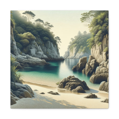 A canvas depicting a serene landscape with lush green forested cliffs bordering a calm turquoise cove and a quiet sandy beach in the foreground.