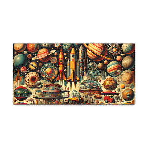 A vibrant canvas art piece featuring an intricate array of space-themed elements, including planets, rockets, and futuristic structures in a rich, colorful palette.