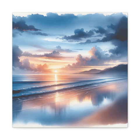 A canvas art depicting a serene beach scene with a sunset casting vibrant hues of orange and blue across the sky and reflecting on the ocean waves.
