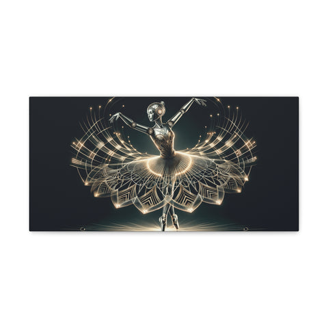 A canvas art piece depicting a futuristic ballerina with mechanical wings set against a dark background, showcasing a fusion of technology and human grace.