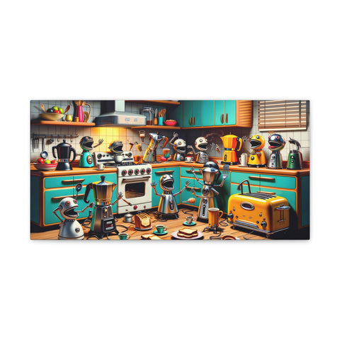 Colorful canvas art depicting a whimsical kitchen scene with anthropomorphic appliances and utensils engaged in various activities.