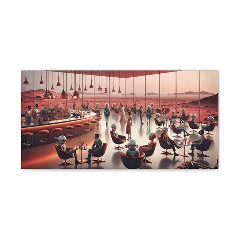 An imaginative canvas art depicting a futuristic Mars colonization scene with people interacting in a spacious, stylishly furnished dome overlooking the Martian landscape.