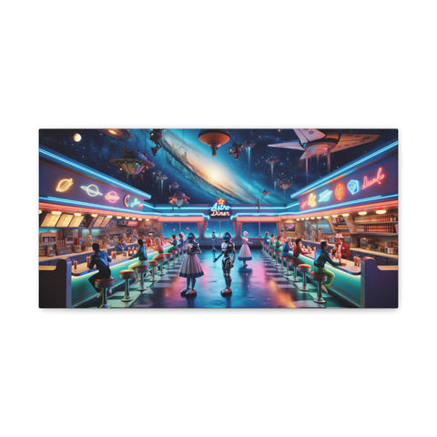 A canvas art depicting a vibrant retro-futuristic diner with patrons at the counter, illuminated by neon lights under a cosmic sky with spaceships.