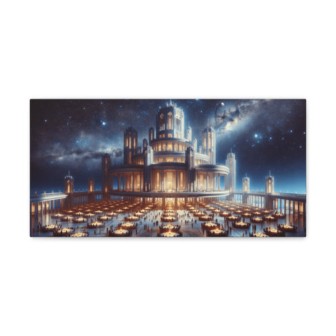 A canvas art featuring a fantastical palace with glowing lights and towering spires, set against a starry night sky.