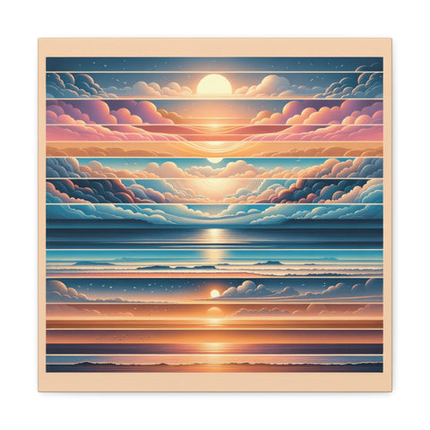 A canvas art depicting a serene sunset with layered clouds reflecting over calm waters, creating a symmetrical and peaceful landscape.