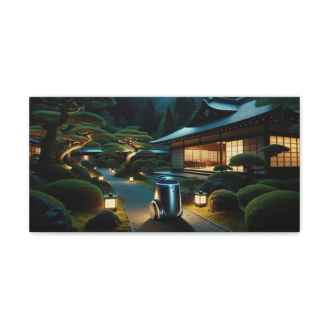 A canvas art depicting a serene Japanese garden at night with illuminated lanterns along a path leading to a traditional house.