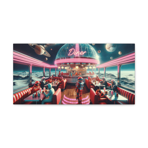 A canvas art piece depicting a surreal scene of an astronaut inside a retro-style diner with patrons dining under a glass dome with a view of outer space.
