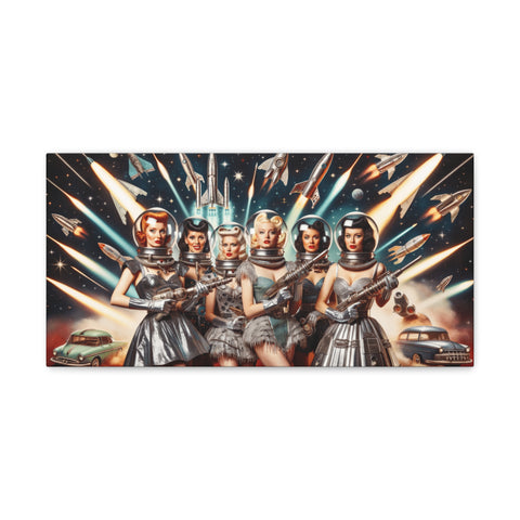 A canvas art depicting five retro-futuristic women in metallic dresses playing guitars, with a backdrop of rockets, stars, and classic cars.