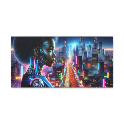 A canvas art depicting a cyberpunk-themed portrait of a woman with futuristic cybernetic enhancements against a vibrant neon-lit cityscape background.