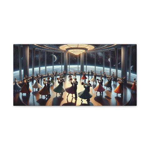 A panoramic canvas art depicting an elegant ballroom scene in space with couples dancing, surrounded by large windows offering views of the cosmos.